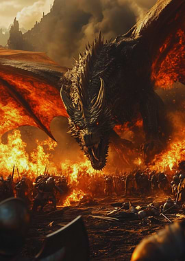 Dragon and Army in Fiery Battle