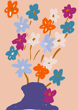 Colorful Floral Arrangement in Blue Vase