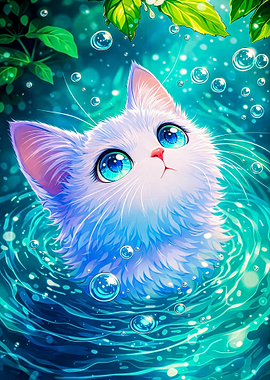 Cute White Cat in Water