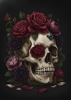 Skull with Roses and Butterflies
