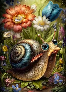 Cartoon Snail in a Floral Garden