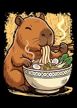 Capybara Eating Ramen Poster, Cute Animal Illustration, Cozy Japanese Food Wall Art