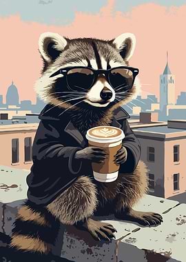Cool Raccoon with Coffee in City