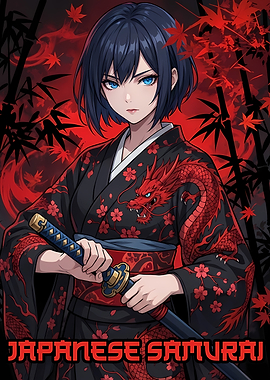Anime Samurai Girl with Dragon Kimono