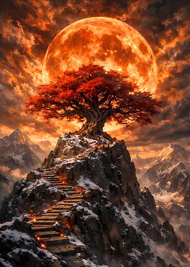 Mountain Tree Under a Fiery Moon