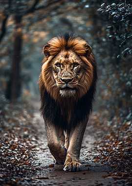 Majestic Lion Walking Through Forest Path