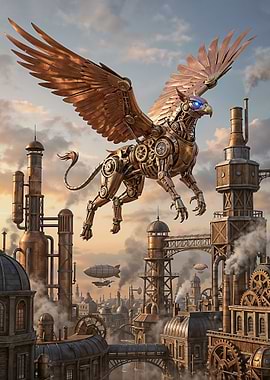 Steampunk Griffin Over Industrial Cityscape