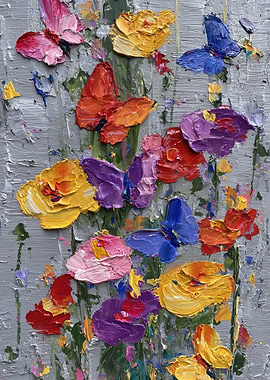 Impasto Butterflies and Flowers Painting