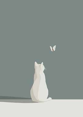 White Cat and Butterfly Illustration