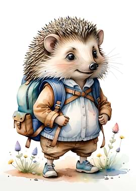 Watercolor Hedgehog with Backpack Illustration