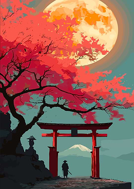 Japanese Landscape with Torii Gate and Samurai