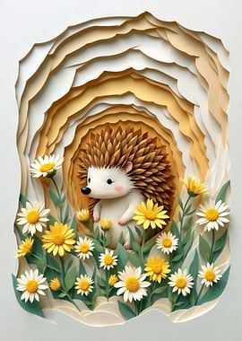 Cute Hedgehog in a Floral Papercut Scene