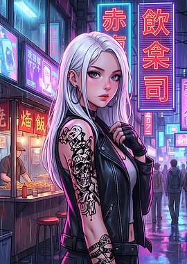 Cyberpunk Girl in Rainy Cityscape
