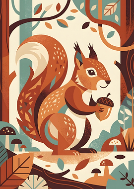 Stylized Squirrel with Acorn in Forest