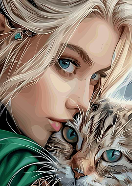 Blonde Woman with Cat Digital Art