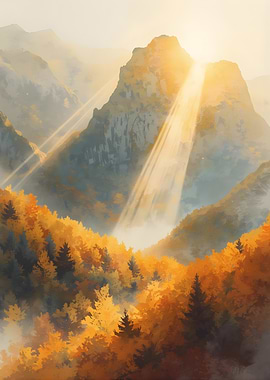 Autumn Mountain Landscape with Sun Rays