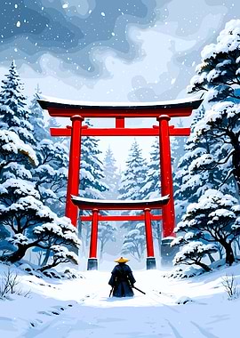 Samurai in Snowy Landscape with Torii Gates