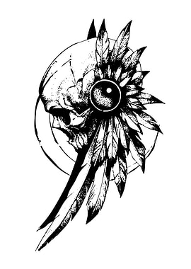Skull with Feathers Black and White