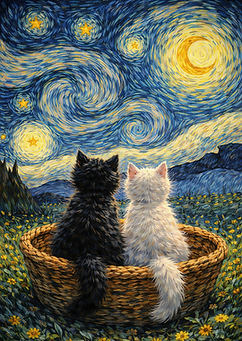 Cats, Kittens under Starry Night Sky Painting