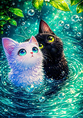 Two Cats in Water with Bubbles