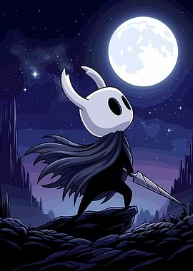 Hollow Knight stands under the moonlight
