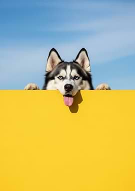 Husky Dog Peeking Over Yellow Wall
