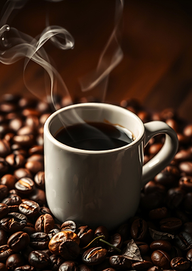 Steaming Coffee Cup Surrounded by Beans