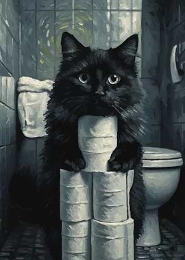 Black Cat with Toilet Paper Painting