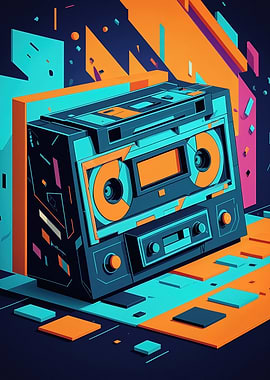 Neon Retro Cassette Boombox — 80s Synthwave Digital Illustration