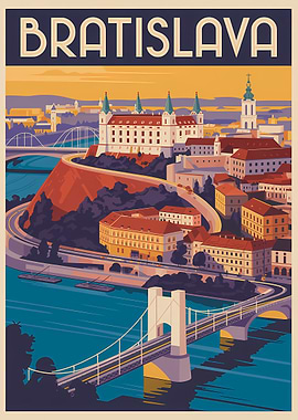 Bratislava Cityscape Vintage Travel Poster