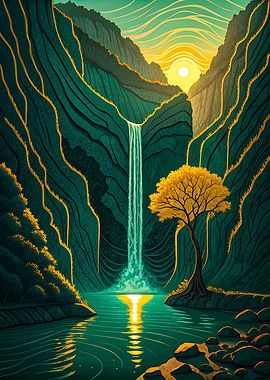 Emerald Waterfall Canyon with Golden Tree at Sunset Fantasy Art