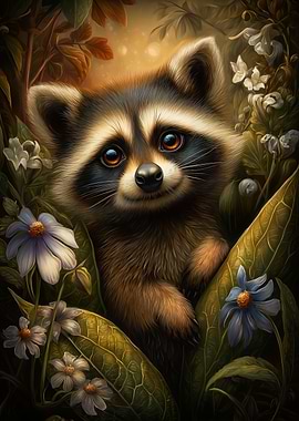 Cute Raccoon Portrait in Floral Setting