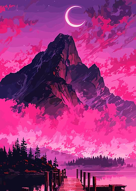 Pink Mountain Landscape with Crescent Moon