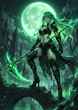 Green Haired Warrior Woman with Scythe