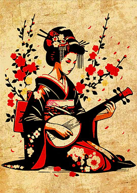 Geisha playing shamisen with floral accents