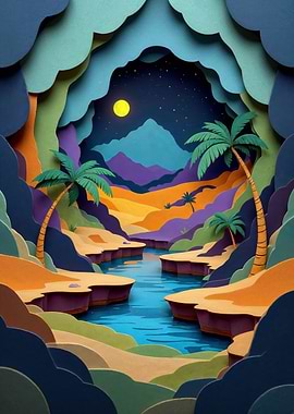 Papercut Night Landscape with Palm Trees