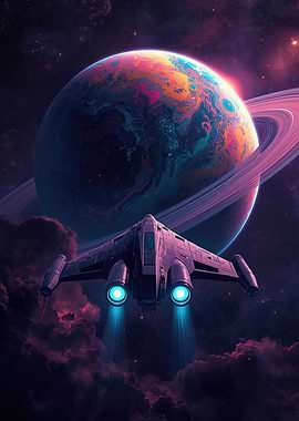 Neon Spacecraft Approaching a Ringed Planet — Vibrant Sci‑Fi Digital Art