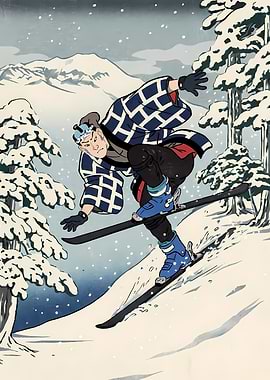 Japanese Skier in Snowy Mountain Landscape