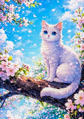 White Cat in Cherry Blossom Tree