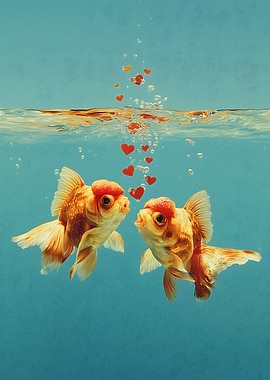 Two Goldfish with Hearts in Water