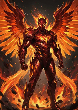 Fiery Armored Figure with Wings