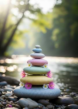 Zen Stone Cairn with Flowers