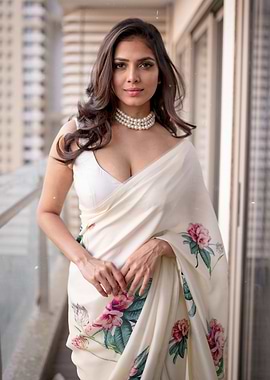 malavika mohananin Floral Saree with Pearl Necklace