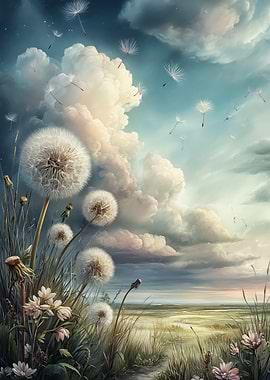Dandelions in a dreamy landscape