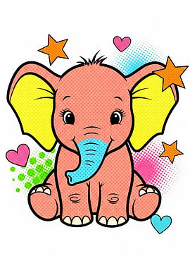 Cute Cartoon Elephant with Stars and Hearts
