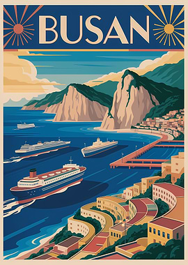 Busan Travel Poster Art Deco Style
