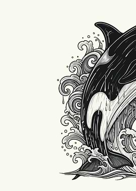 Orca Whale with Waves Illustration 1/2