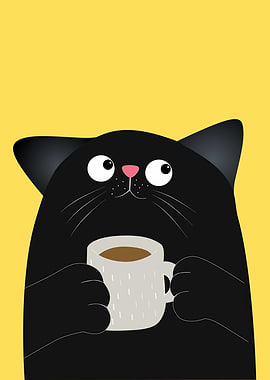 Black Cat with Coffee Cup Illustration
