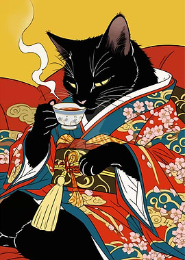 Black Cat in Kimono Drinking Tea