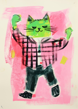 Green Cat in Plaid Shirt Illustration